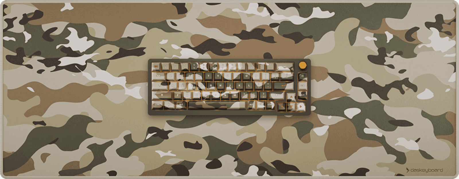 Das Keyboard camo desk mat with a DeltaForce 65 keyboard